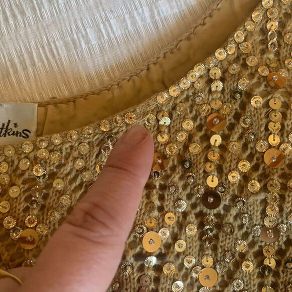 Vtg‎ 60s Gold Sequin Knit Lace Sweater Vest Wool Hand Beaded Holiday Mod sz 40 - Picture 7 of 9